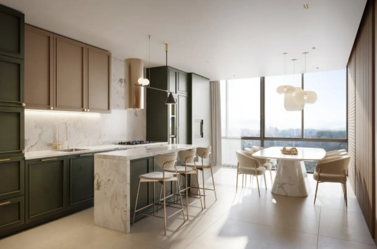 Cozinha com ilha e banquetas