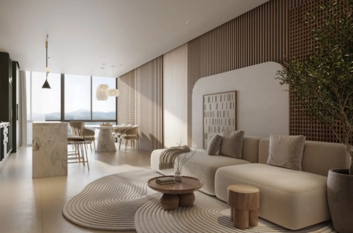 Living integrado com sofá e mesa de jantar