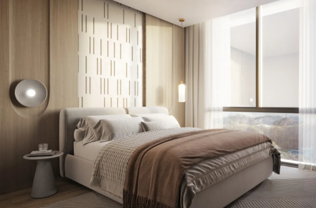 Suíte com cama de casal e janela ampla